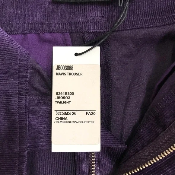 J Brand Purple Twilight Mavis Paper Bag Corduroy Trouser Pants SIZE 26 NEW